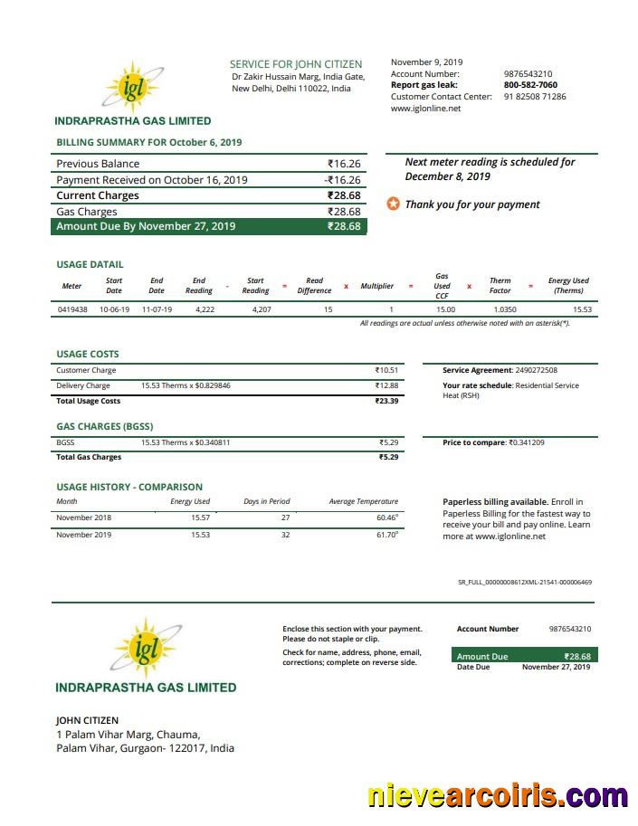 India Indraprasth Gas utility bill